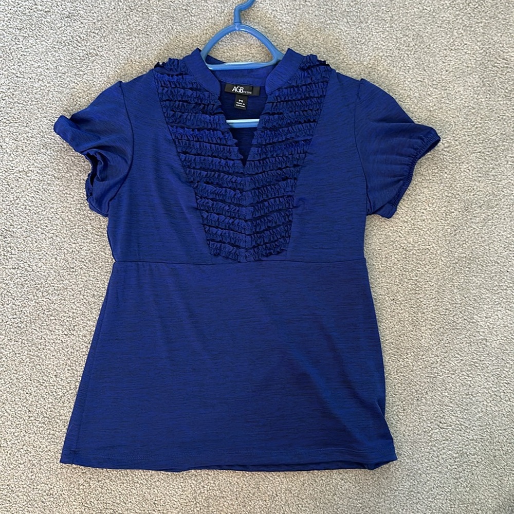 Cobalt blue ruffled short sleeve top, petite small